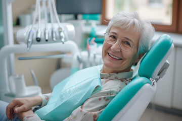 Senior woman sitting in dentist chair smiling