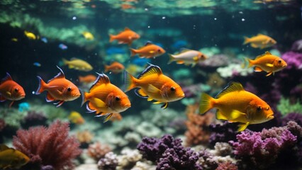Naklejka na ściany i meble Close-up high-resolution image of a school of goldfish in a beautiful fishtank.