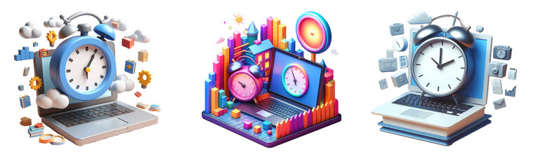 3D illustration of clock and computer icon, generative ai - obrazy, fototapety, plakaty
