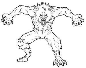Vector Cartoon Angry Werewolf With Sharp Fangs And Claws Line Art