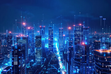 Energy power of future big city concept neon cyber light skyscraper building of business area architecture simulation technology digital fly over view blue theme. - obrazy, fototapety, plakaty