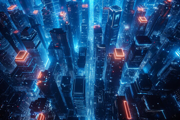 Energy power of future big city concept neon cyber light skyscraper building of business area architecture simulation technology digital fly over view blue theme.