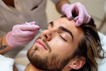 Naklejka premium A man's face is transformed as he undergoes a botox injection, his skin becoming smooth and his hair and clothing adding to the sleek and polished aesthetic