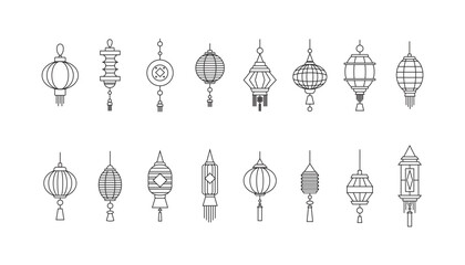 Red Chinese Lantern icons. Collection of outlined chinese lanterns silhouette icons isolated on white background. Vector illustration