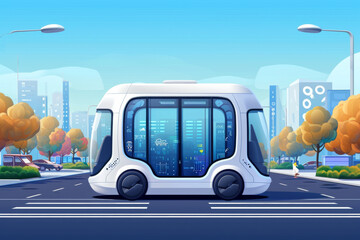 Autonomous electric smart bus or minibus stops running on street. 