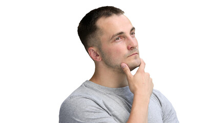 A man, on a white background, close-up, has an idea