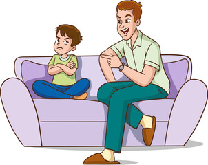 Vector cartoon illustration of father scolding His Son. Angry Dad Yells at Little Sad Kid. Angry parent. Wrong education, psychology.