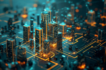 Smart system management and smart skyscrapers technologies concept with glowing digital skyscraper icon surrounded by circuit lines IOT on dark background.