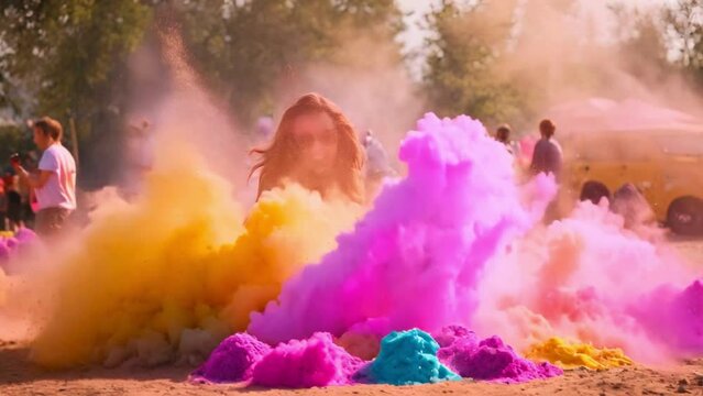 slow motion video of explosion colorful powder or gulal. Suitable for use Happy Holi videos