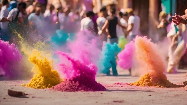 slow motion video of explosion colorful powder or gulal. Suitable for use for Holi day event videos