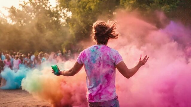 slow motion video of explosion colorful powder or gulal and people were busy celebrating. Suitable for use for Holi day event videos