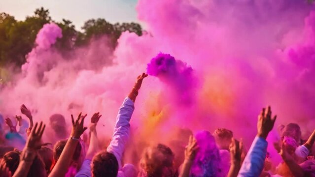 slow motion video of explosion colorful powder or gulal and people were busy celebrating. Suitable for use for Holi day event videos