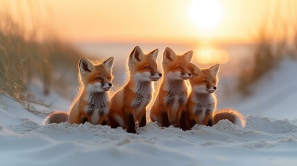 Fototapeta premium Four red foxes sitting on the sand dunes at sunset