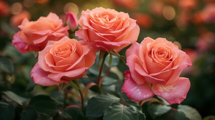 Four beautiful pink roses in full bloom with blurred background