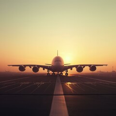 Fototapeta na wymiar A large passenger plane is landing on a runway at sunset.