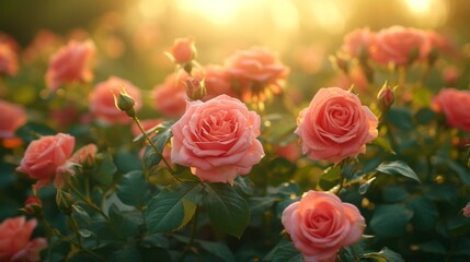 Close-up of pink roses in a garden with a warm golden light in the background