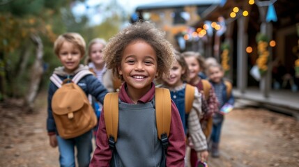 A group of diverse children with backpacks walking in the woods - obrazy, fototapety, plakaty