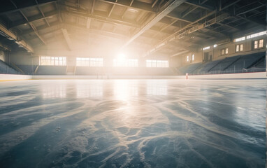An empty hockey rink with a bright light shining through the window. Ideal for sports-related designs or concepts