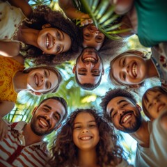 A group of diverse people smiling and looking down at the camera