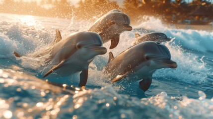 Four dolphins jumping out of the water in the ocean with the sun rising in the background - obrazy, fototapety, plakaty