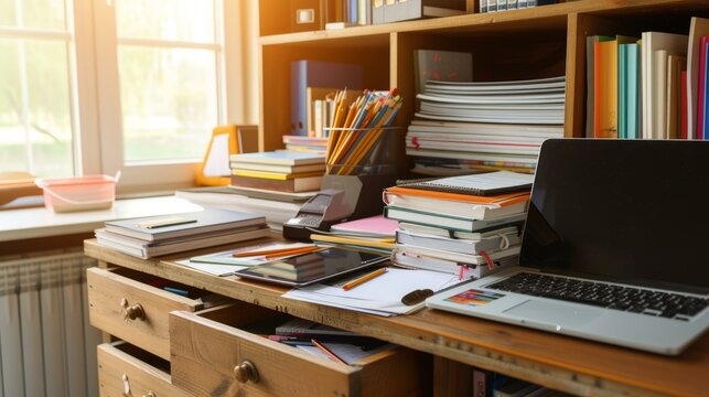 A Messy Desk With A Laptop, Books, And Papers