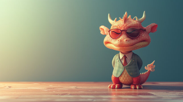 A charismatic cartoon dragon exudes confidence as it sports a stylish suit and trendy sunglasses, embodying the epitome of business coolness .