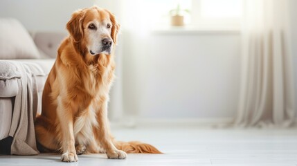 A Golden Retriever sitting on the floor in front of a couch