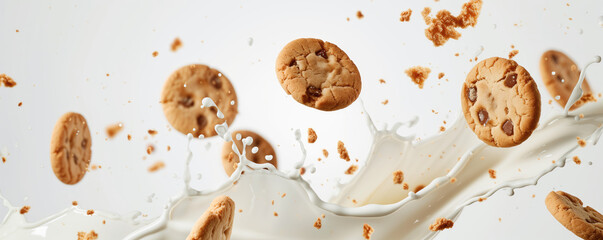 Milk and cookies flying on white background - obrazy, fototapety, plakaty