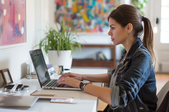 Young woman working on laptop at home office