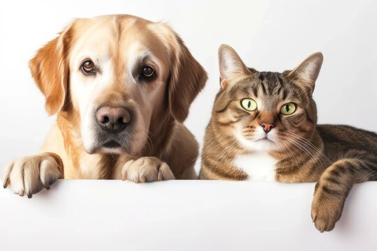 A Golden Retriever and a tabby cat sit together on a white background