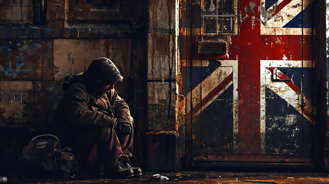 Poverty in the United Kingdom showing a homeless underprivileged teenage youth in England with a distressed Union Jack flag in the background, stock illustration image