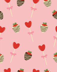 Chocolate covered strawberry and lollipop pattern on light pink background.