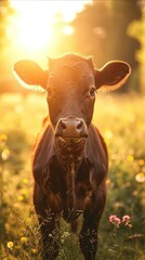 A brown cow standing in a green field looking at the camera