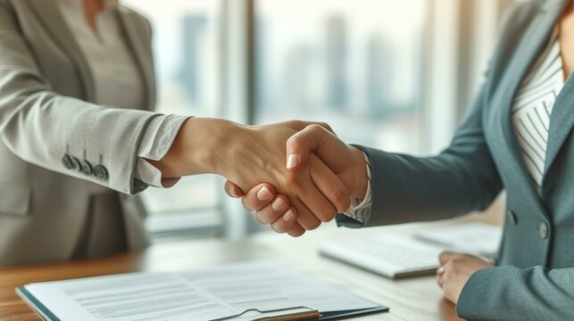 Two businesswomen shaking hands over a desk in an office