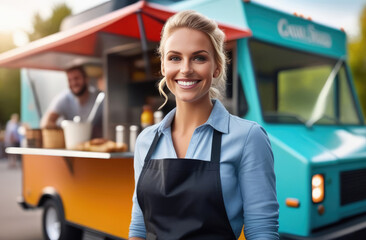 fast food van. attractive smiling Caucasian street seller operates food truck, outdoors portrait