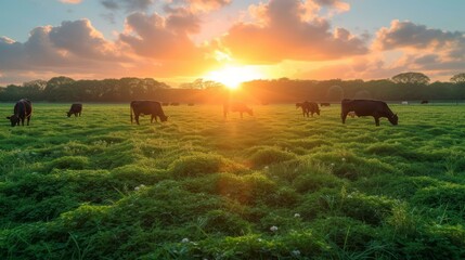 Cows grazing on a lush green pasture at sunset