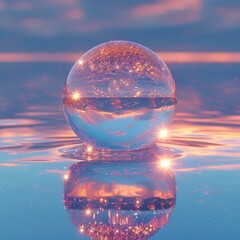 Crystal ball floating on water with cityscape and sunset sky inside