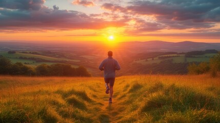 Man running towards the sunset in a rural field