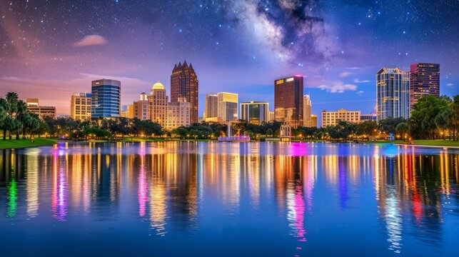 Night view of Orlando city lake Eola
