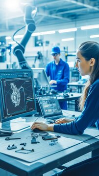 A female engineer is working on a project with a computer-aided design (CAD) software.