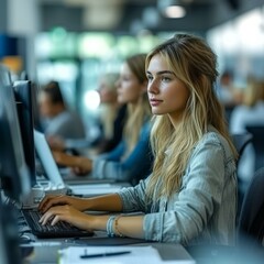Focused young businesswoman working on computer project in busy office