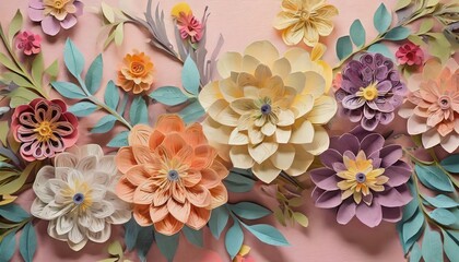 a visually pleasing illustration showcasing a collection of vibrant handmade paper flowers against a soft light pink background. Highlight the intricate details of each flower, conveying a sense of cr - obrazy, fototapety, plakaty