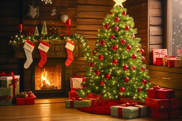 Fototapeta na wymiar Christmas tree in a cozy living room