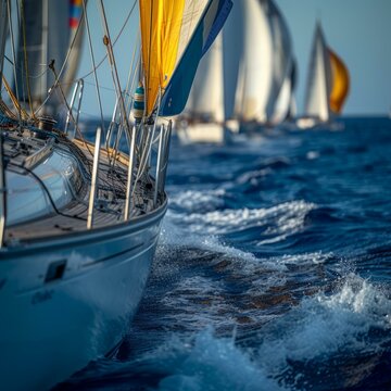 Yachts racing in the open sea with white sails