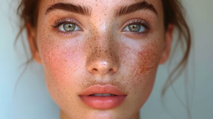Close-up portrait of a young woman with freckles and green eyes