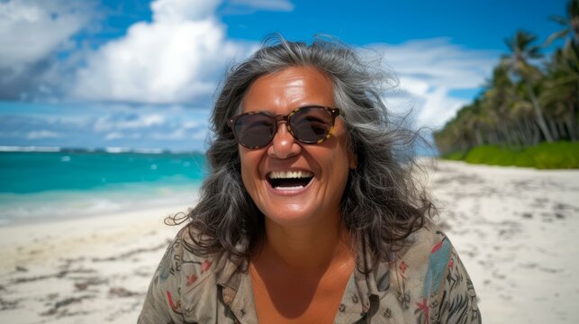 Portrait of a smiling grey-haired woman in sunglasses standing on a tropical beach