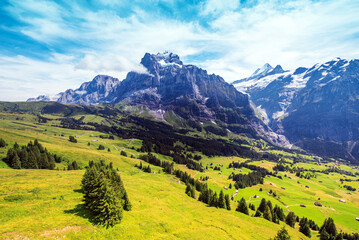 Magical  landscape from a height on Grindelwald valley in Swiss Alps near Eiger, Switzerland, Europe.