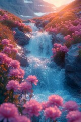 Fototapeta na wymiar Small waterfall flowing through rocks and pink flowers