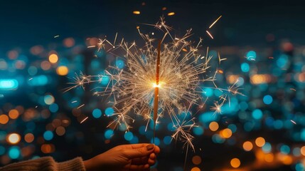 Hand holding a sparkling firework on a blurred background of city lights at night