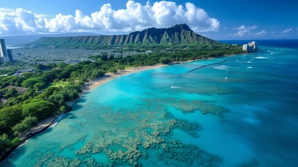 Aerial view of Honolulu, Hawaii showing the beautiful coastline and Diamond Head